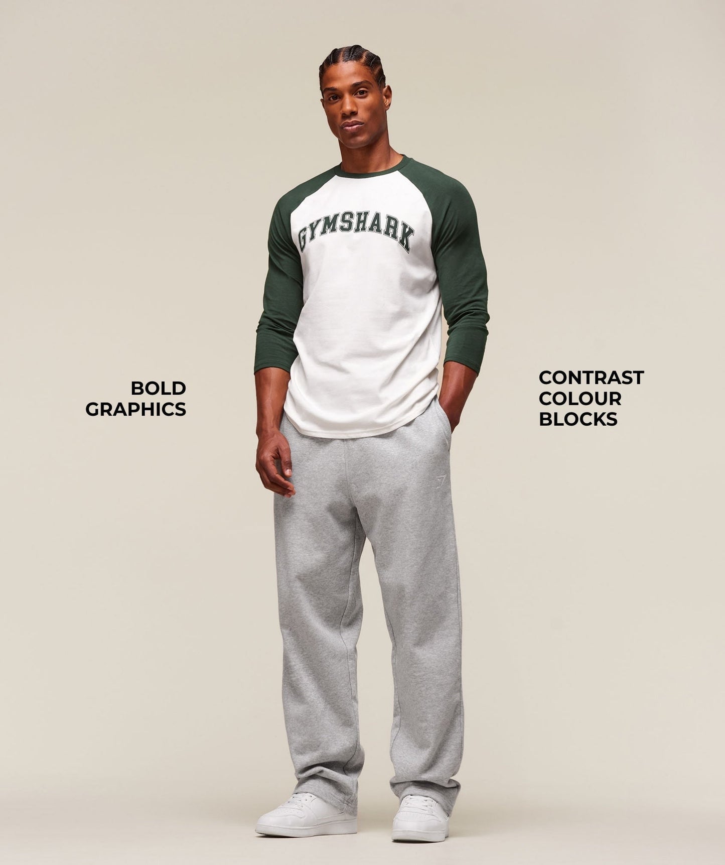 Gymshark GSLC Raglan 3/4 Sleeve T-Shirt - Soft White/Trail Green