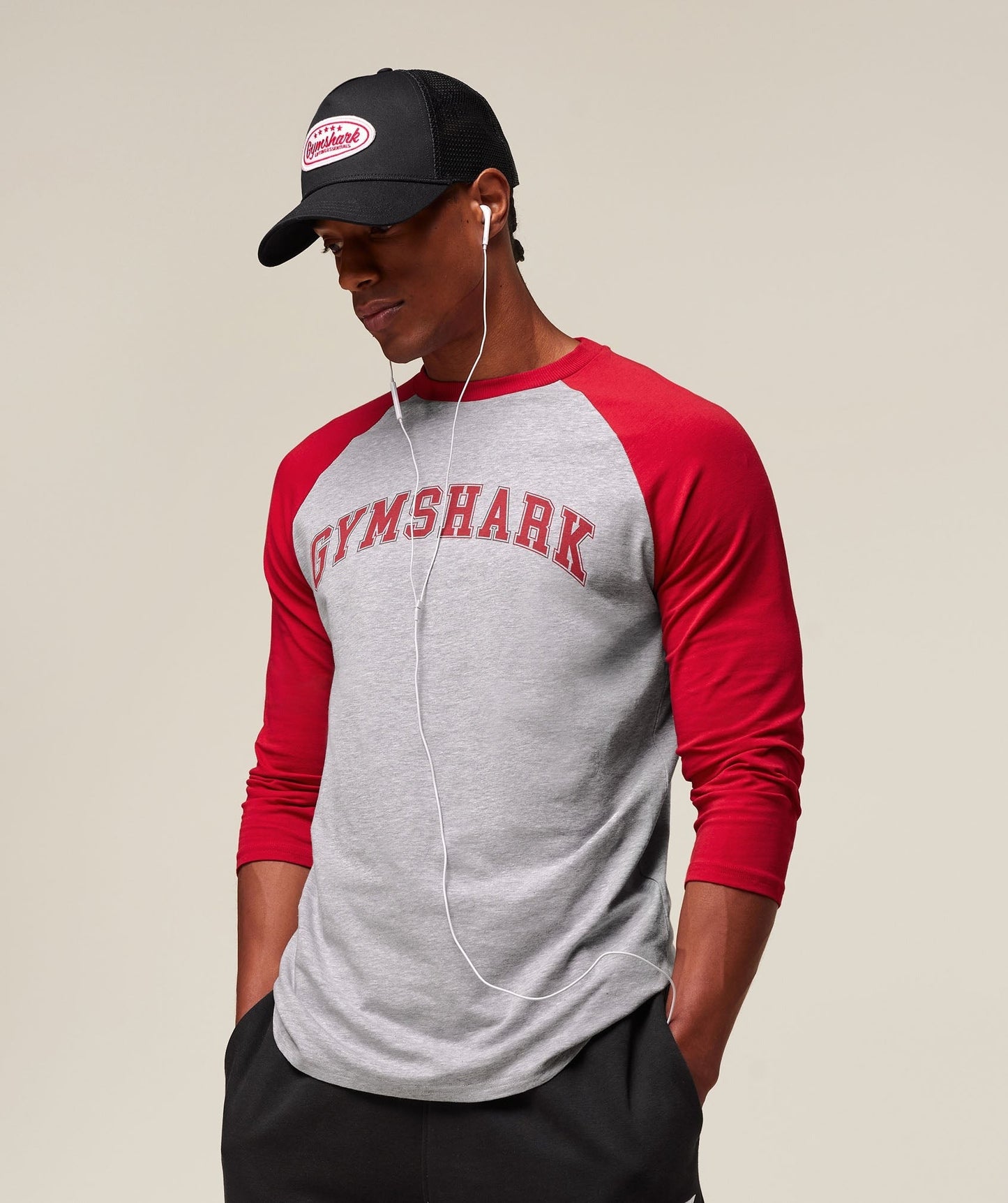 Gymshark GSLC Raglan 3/4 Sleeve T-Shirt - Light Grey Core Marl/Conditioning Red