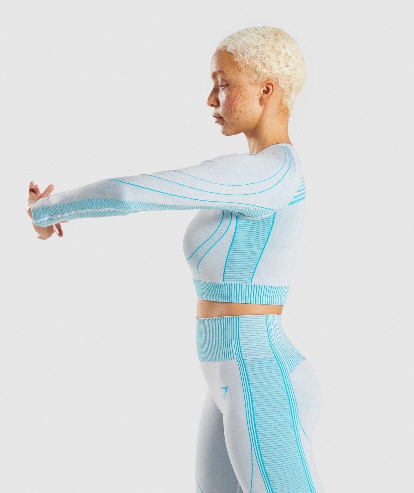 Gymshark Hyper Amplify Long Sleeve Crop Top - Light Grey Marl/Light Teal