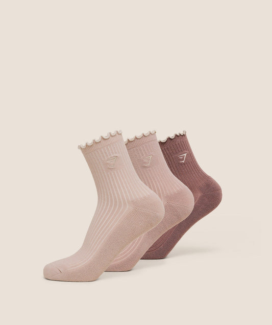 Gymshark Midi Frill Socks 3pk - Dusk Pink/Muted Pink/Chestnut Pink