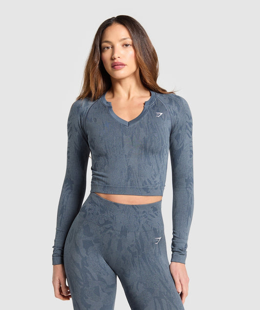Gymshark Adapt Camo Seamless Long Sleeve Top - Titanium Blue/Denim Grey