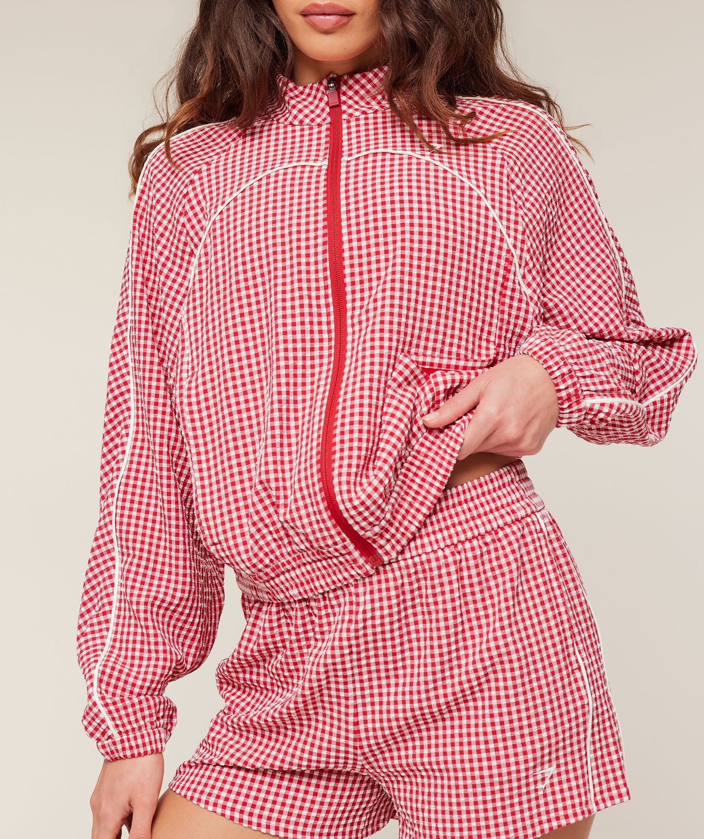 Gymshark Gingham Track Jacket - Carmine Red/Soft White