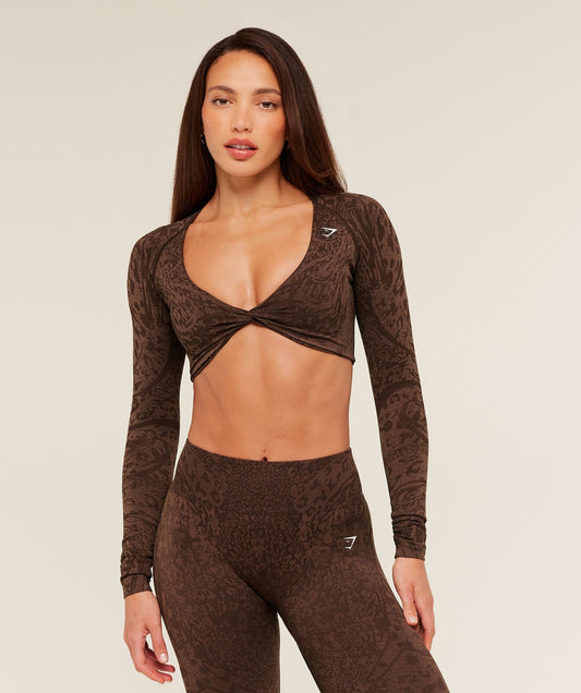 Gymshark Adapt Animal X Whitney Long Sleeve Crop Top - Archive Brown / Soft Brown