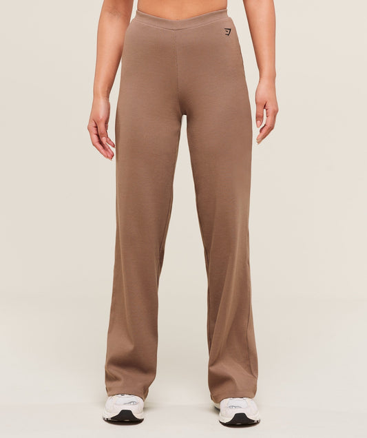 Gymshark Ribbed Cotton Straight Leg Pants - Mocha Mauve/Black