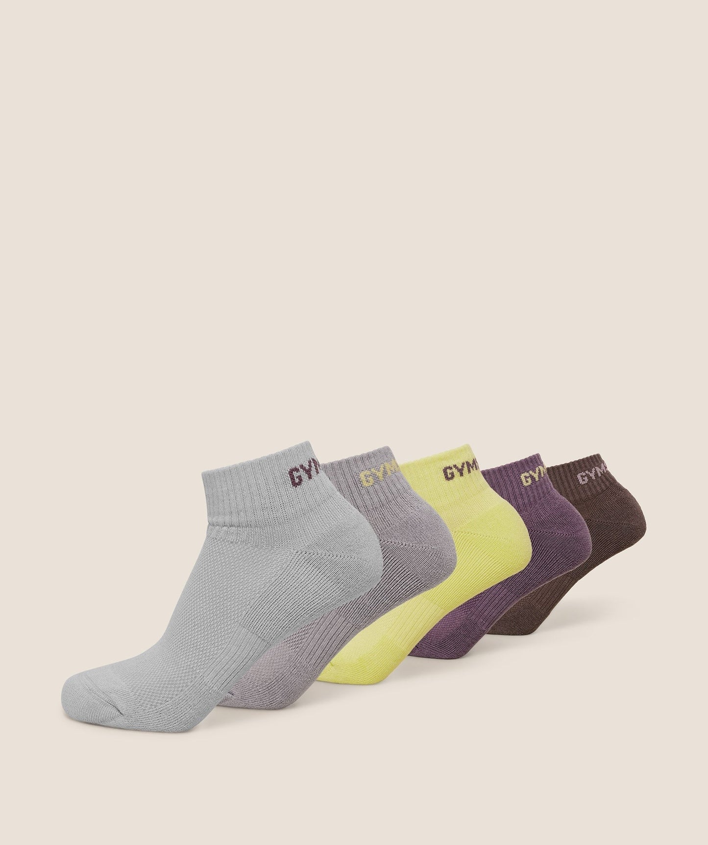 Gymshark Quarter Socks 5pk - Light Grey / Stratus Grey / Sorbet Yellow / Dusk Purple / Cool Brown