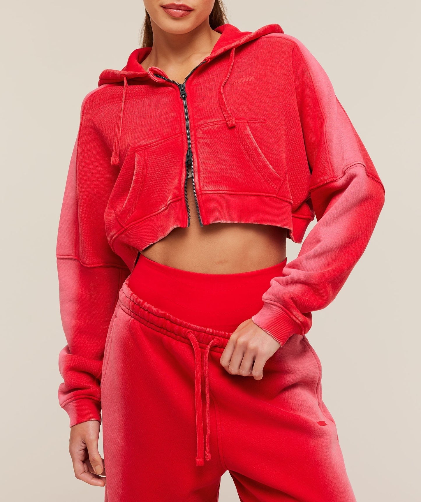 Gymshark Pump Washed Zip Through Hoodie - Carmine Red/Soft White