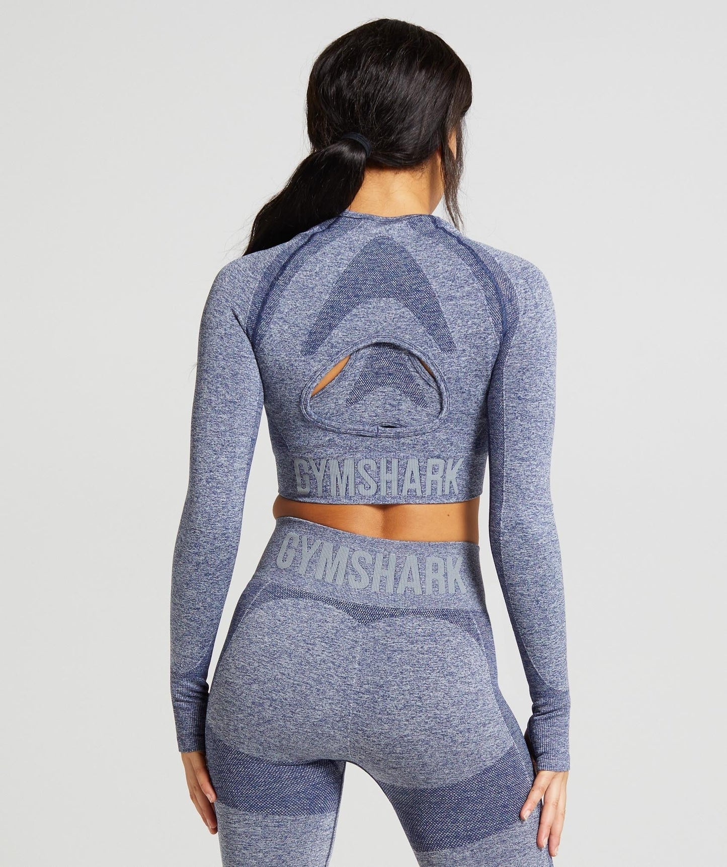 Gymshark Flex Sports Long Sleeve Crop Top - Navy Marl/Light Grey