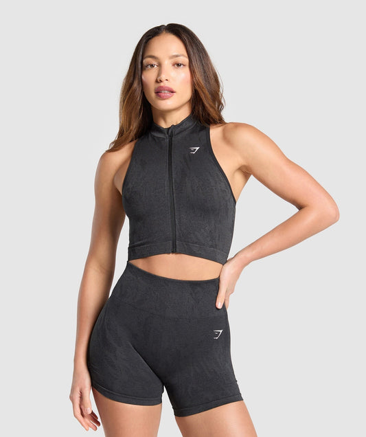 Gymshark Adapt Camo Seamless Zip Up Crop Top - Asphalt Grey/Black