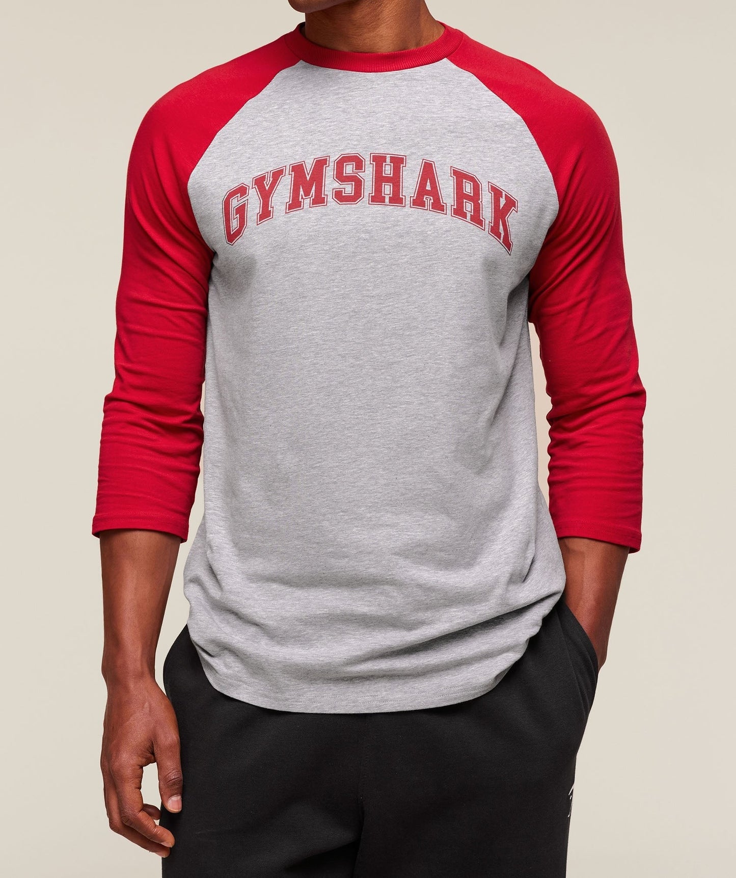 Gymshark GSLC Raglan 3/4 Sleeve T-Shirt - Light Grey Core Marl/Conditioning Red