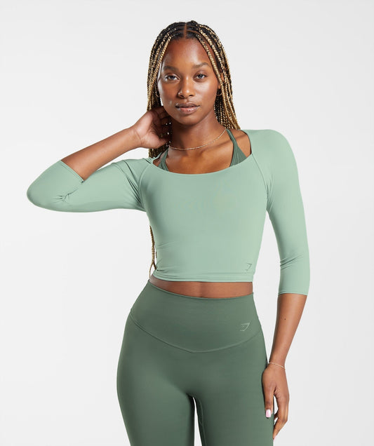 Gymshark Elevate 3/4 Sleeve Crop Top - Desert Sage Green
