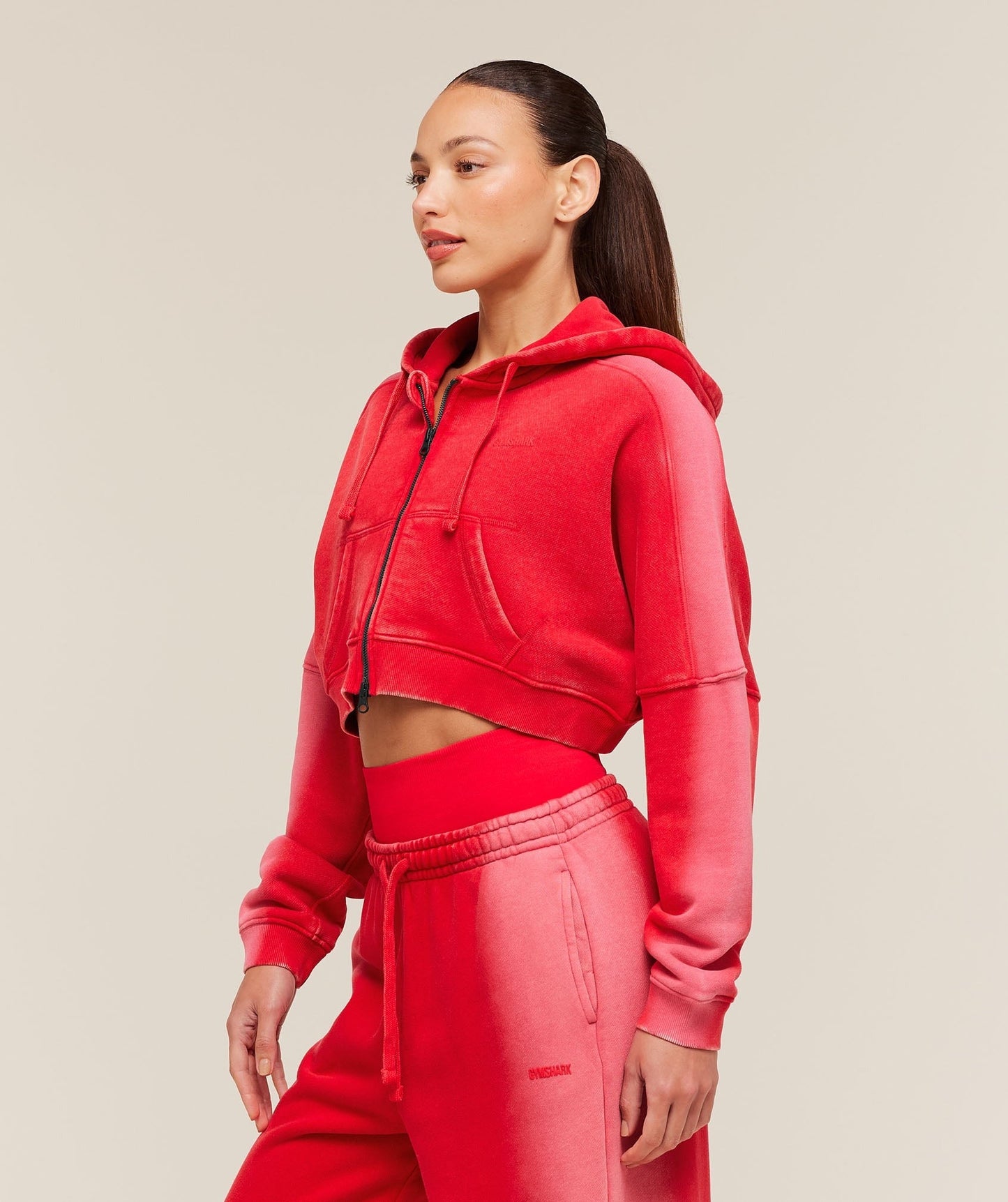 Gymshark Pump Washed Zip Through Hoodie - Carmine Red/Soft White