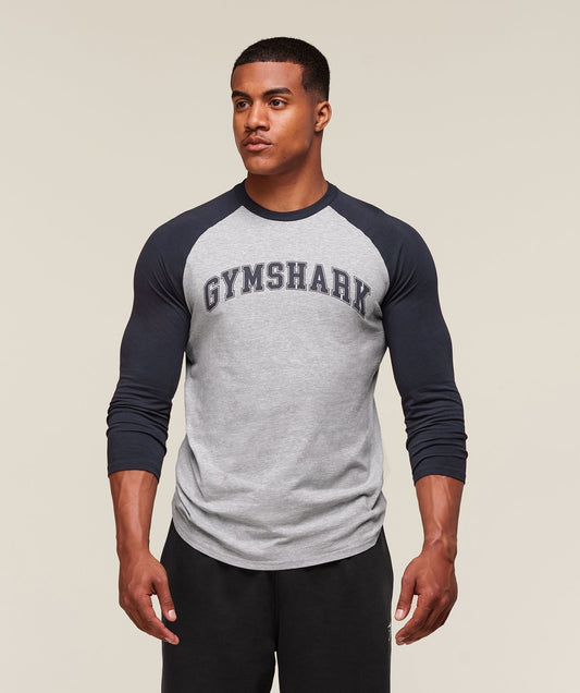 Gymshark GSLC Raglan 3/4 Sleeve T-Shirt - Light Grey Core Marl/Heavy Blue