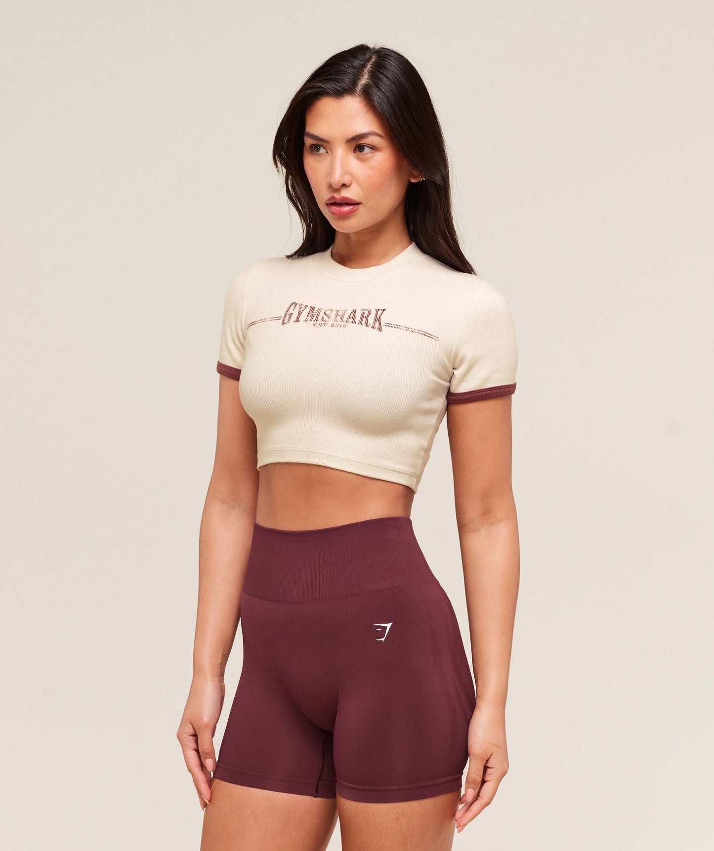 Gymshark Ribbed Cotton Crop Top - Oat White/Burgundy Brown