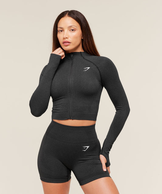 Gymshark Vital Seamless Midi Zip 2.0 Pullover - Black Marl