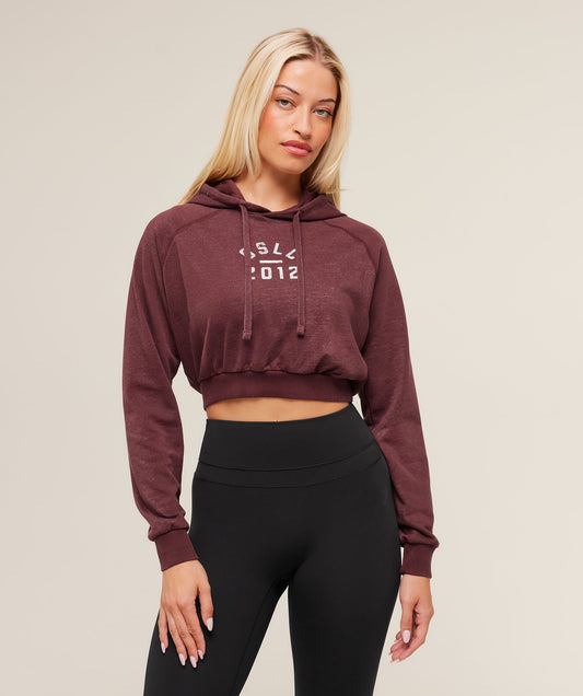 Gymshark Lifting Club 2012 Graphic Cropped Hoodie - Rich Maroon/Wash